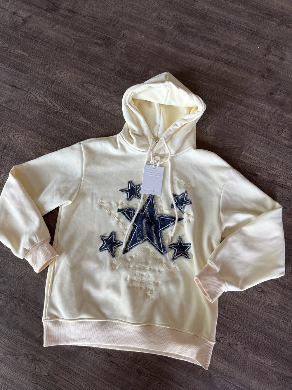 Aelfric Eden Cream Hoodie with Distressed Navy Star Appliques